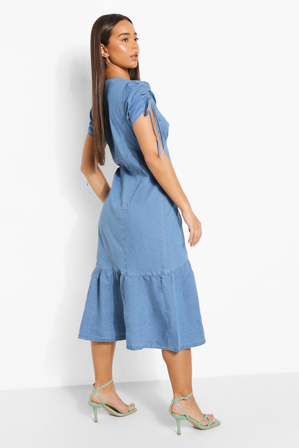 Button Down Drop Hem Denim Midi Dress